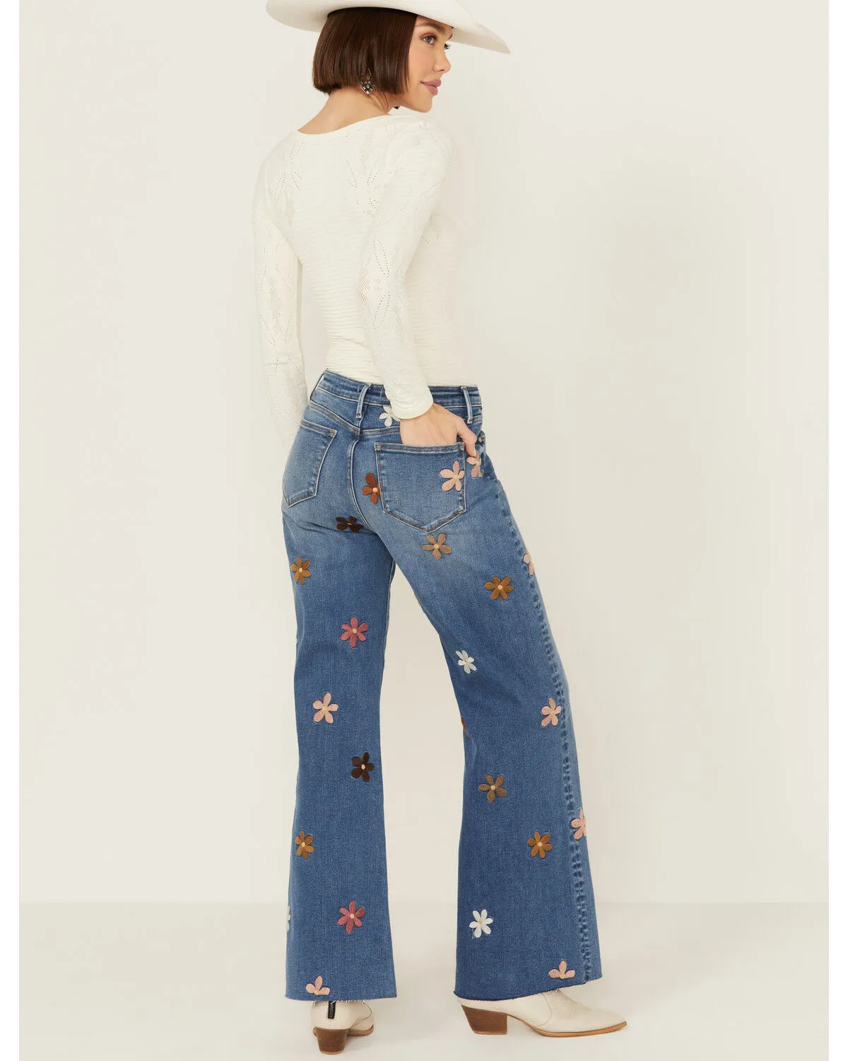 Product Name:  Driftwood Women's Charlee X Doo Wop Medium Wash High Rise Floral Embroidered Straight Stretch Denim Jean