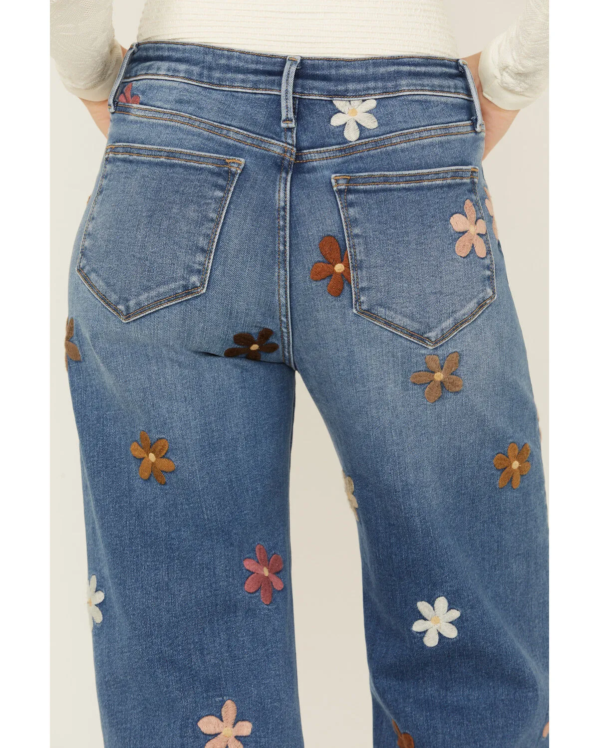 Product Name:  Driftwood Women's Charlee X Doo Wop Medium Wash High Rise Floral Embroidered Straight Stretch Denim Jean