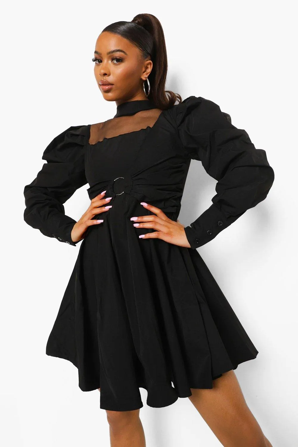 Puff Sleeve Wrap Skater Dress