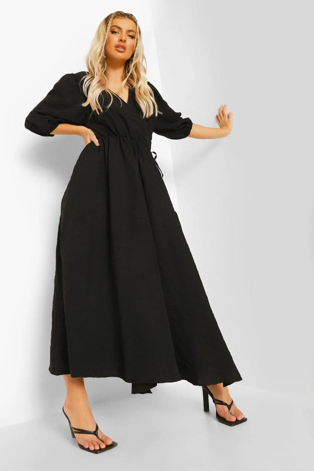 Puff Sleeve Wrap Smock Dress