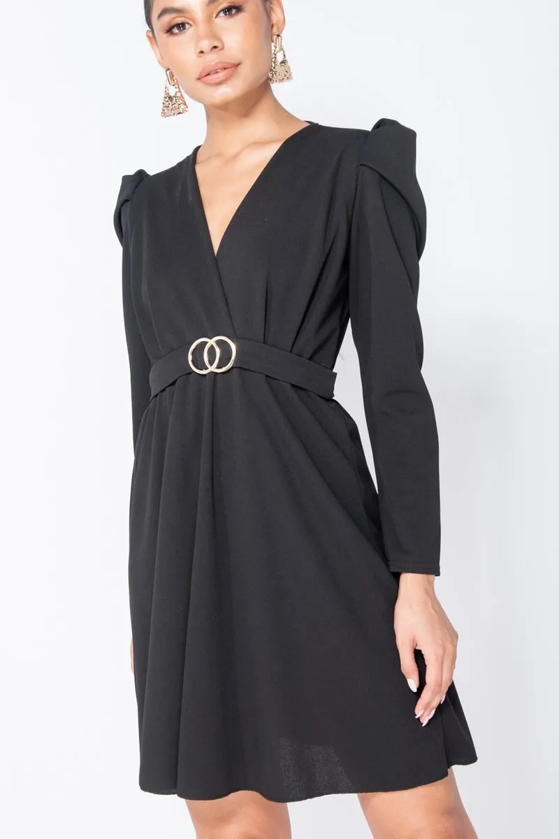 Puffed Sleeve Wrap Front  Mini Dress - Dames  - Zwart