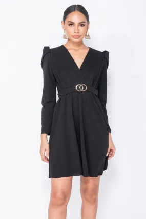 Puffed Sleeve Wrap Front  Mini Dress - Dames  - Zwart