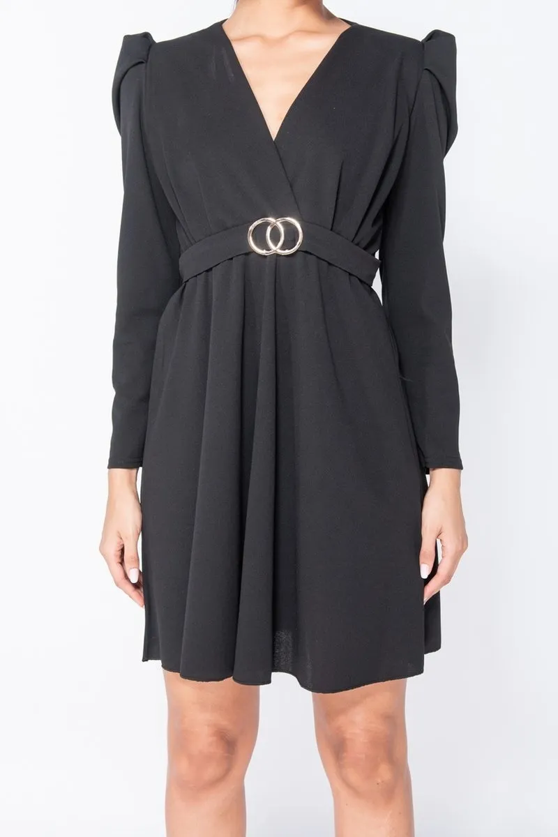 Puffed Sleeve Wrap Front  Mini Dress - Dames  - Zwart