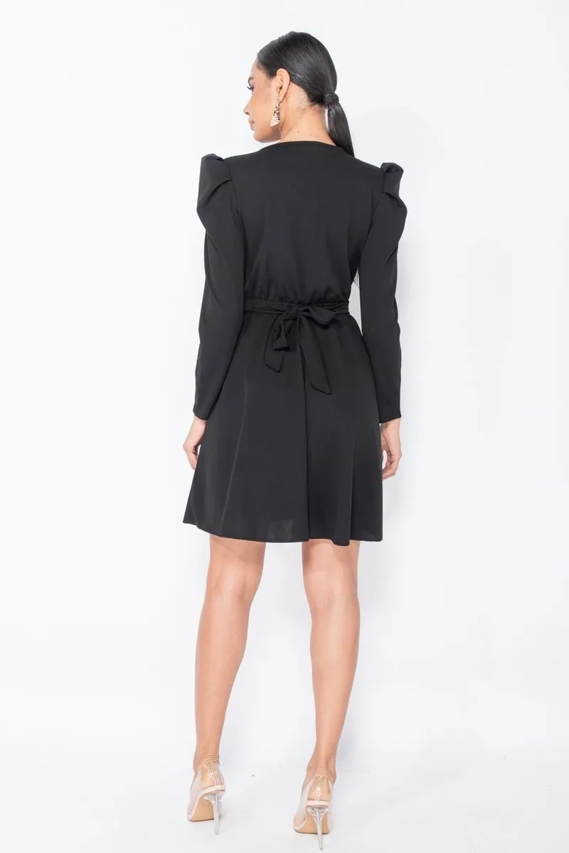 Puffed Sleeve Wrap Front  Mini Dress - Dames  - Zwart