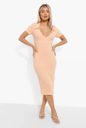 Rib Wrap Collar Midi Dress