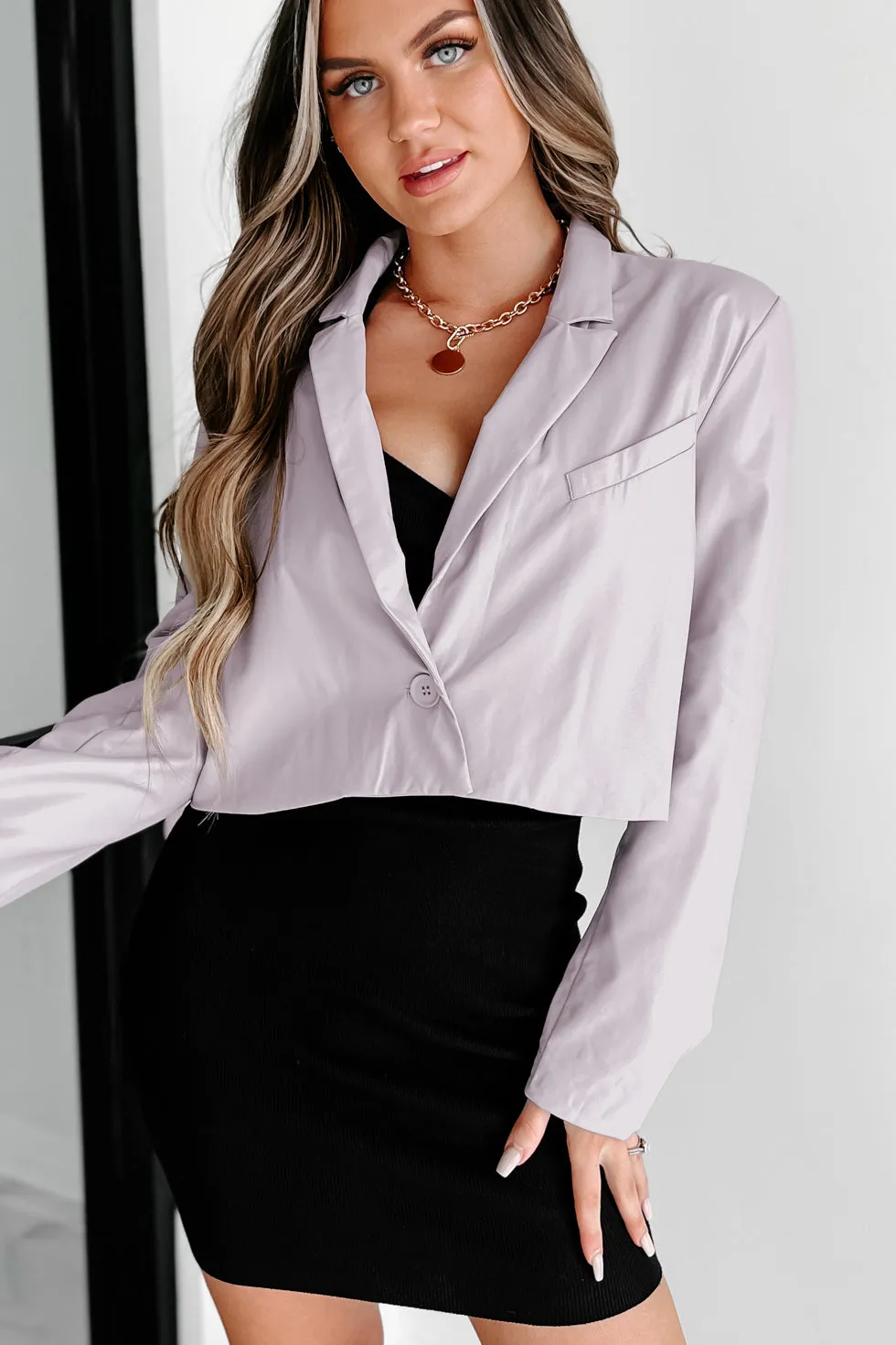 Right On Task Faux Leather Crop Jacket (Lilac)