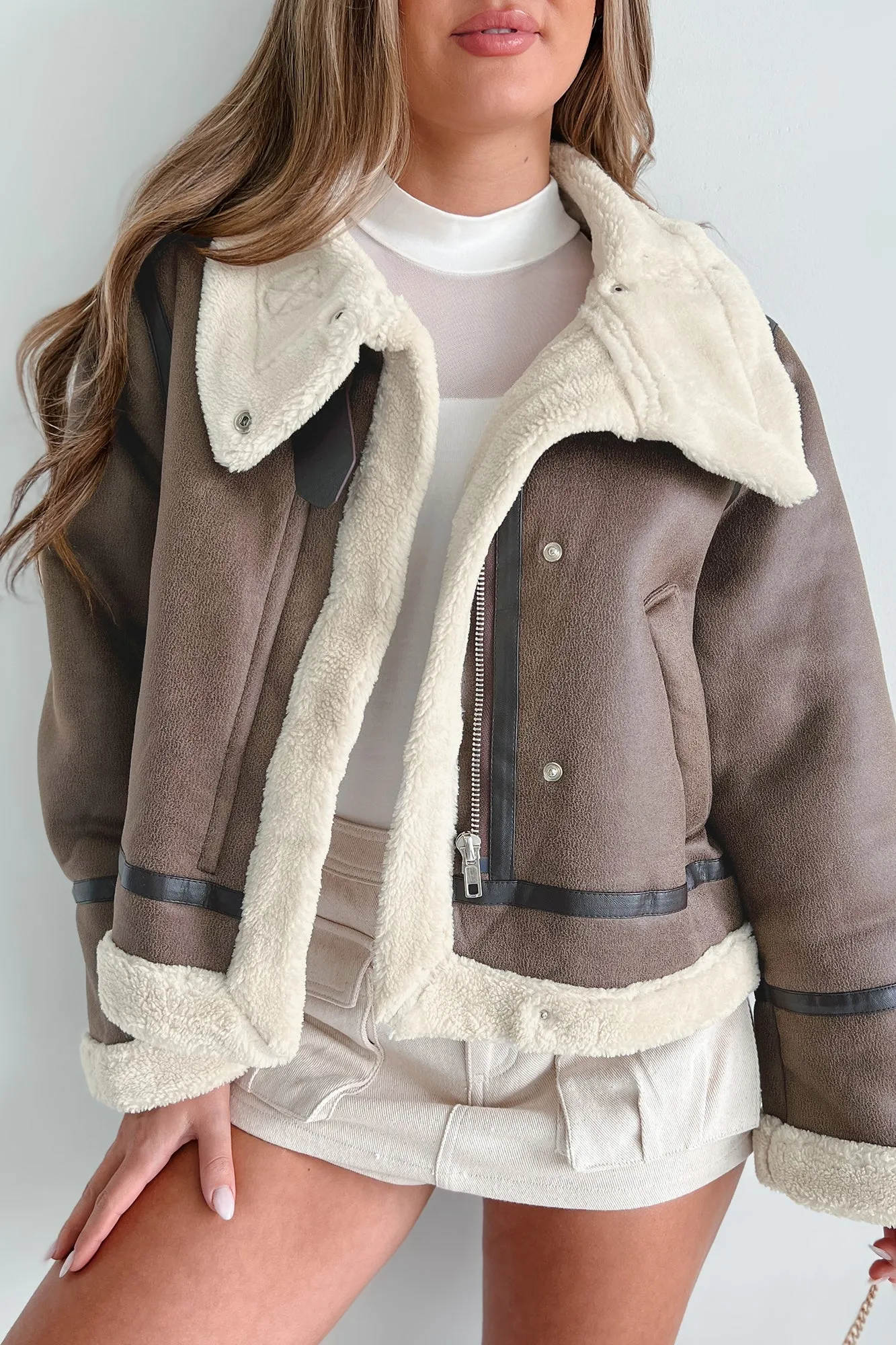 Roughing It Sherpa Lined Faux Leather Jacket (Mocha)