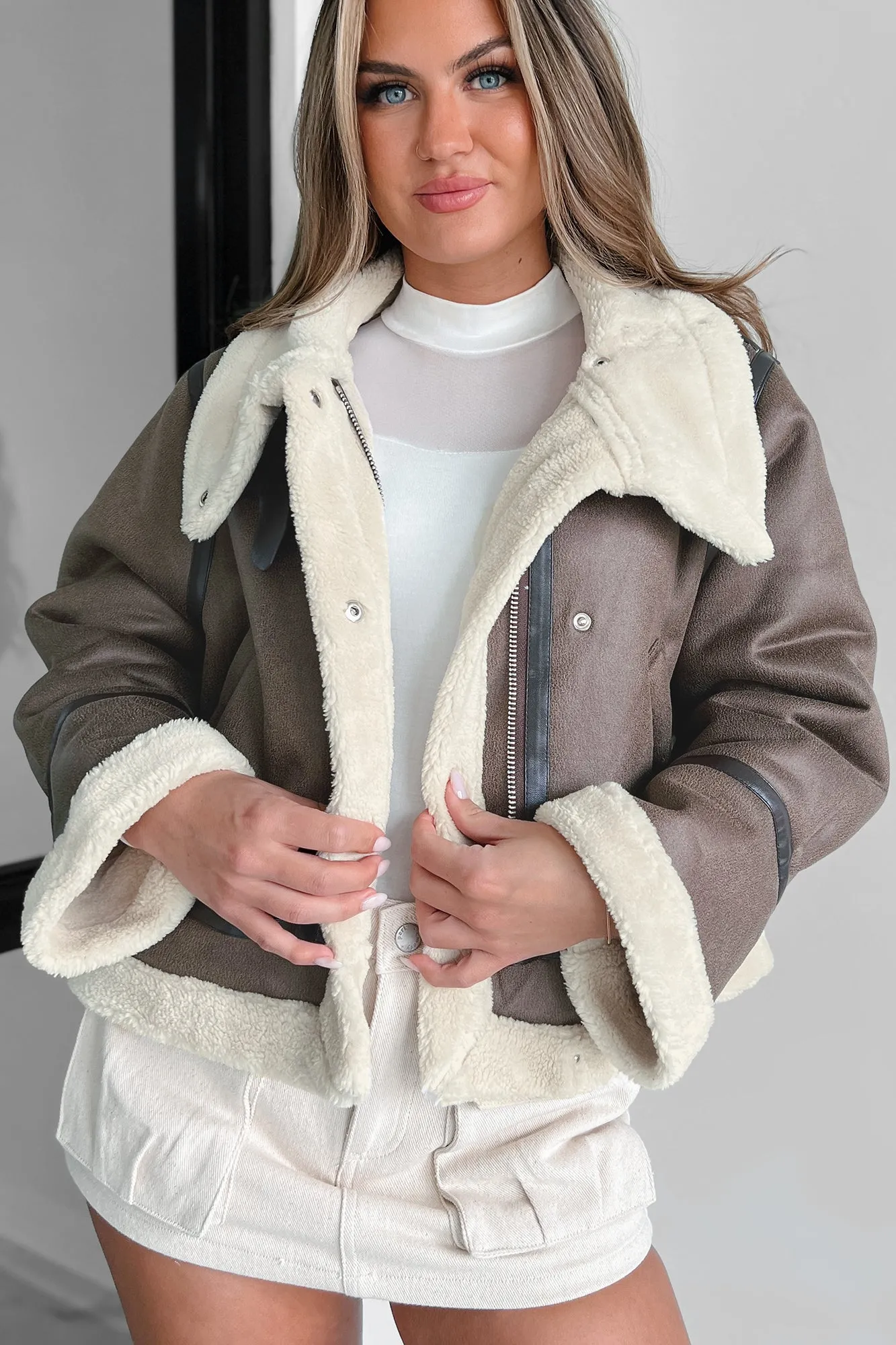 Roughing It Sherpa Lined Faux Leather Jacket (Mocha)