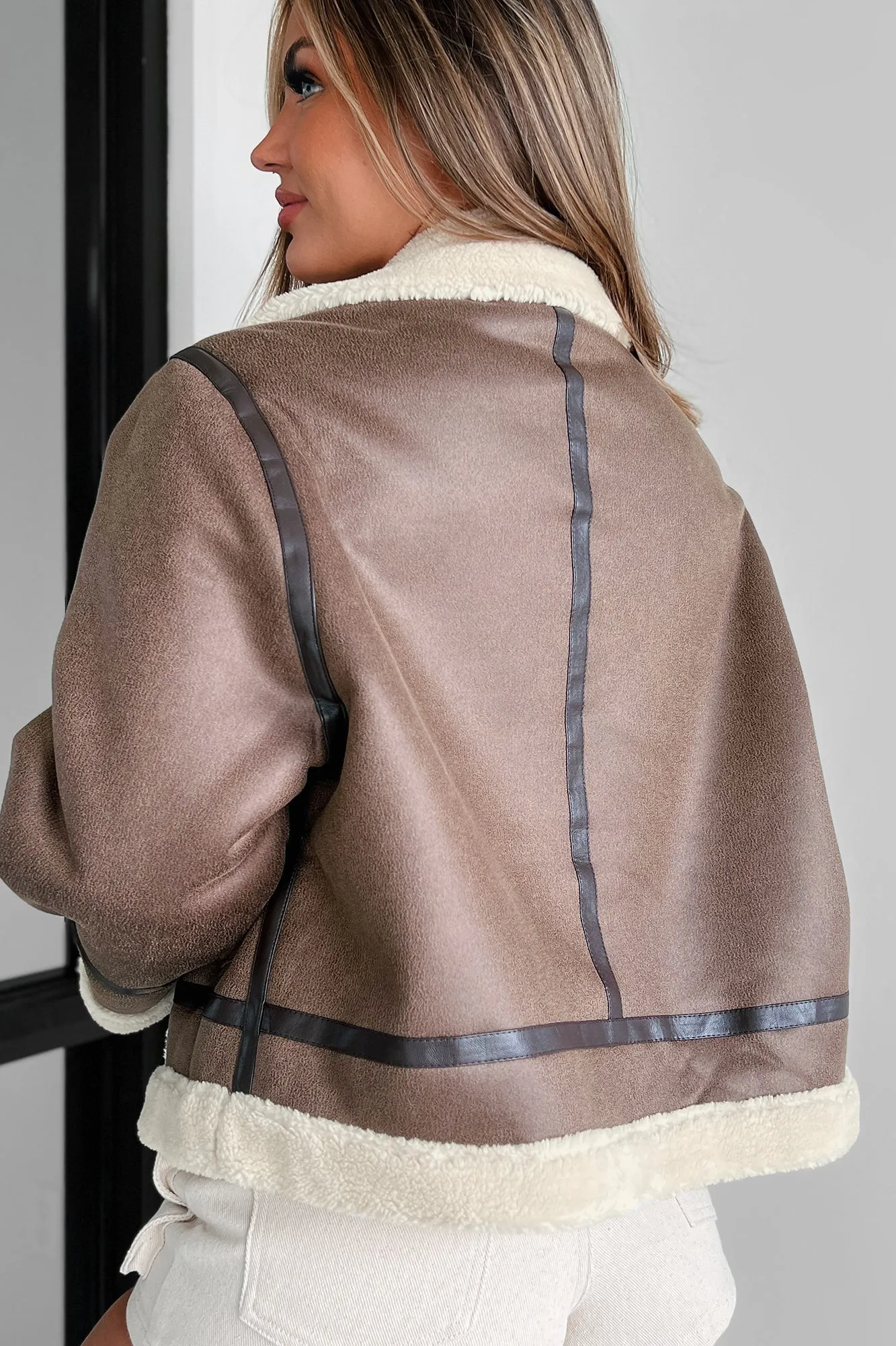 Roughing It Sherpa Lined Faux Leather Jacket (Mocha)