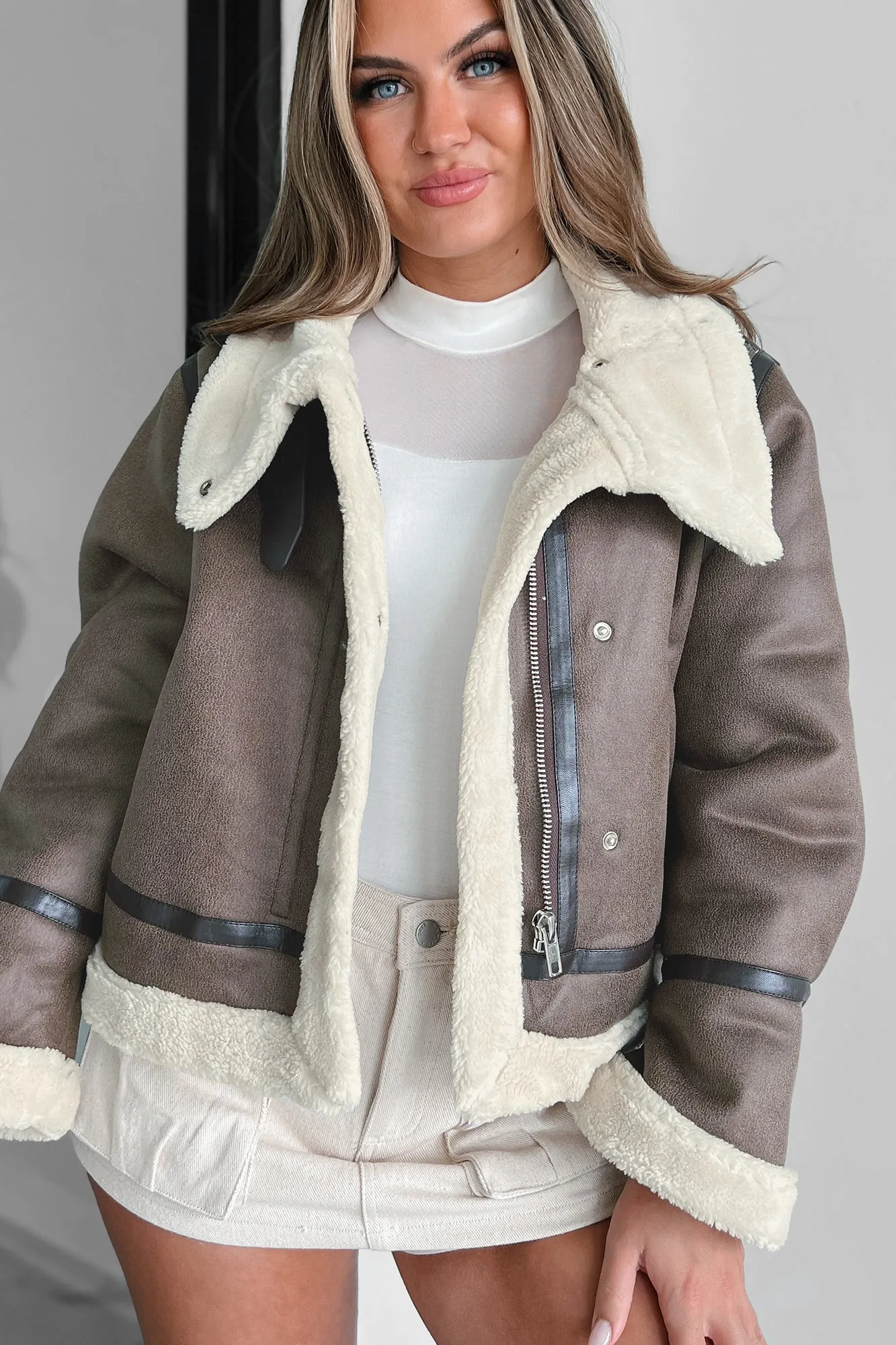 Roughing It Sherpa Lined Faux Leather Jacket (Mocha)