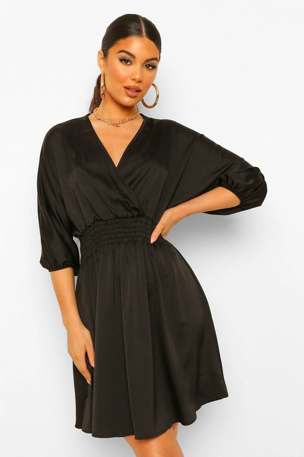 Ruched Waist Wrap Satin Dress