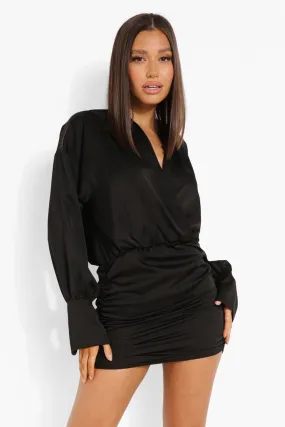 Satin Plunge Wrap Ruched Side Mini Dress