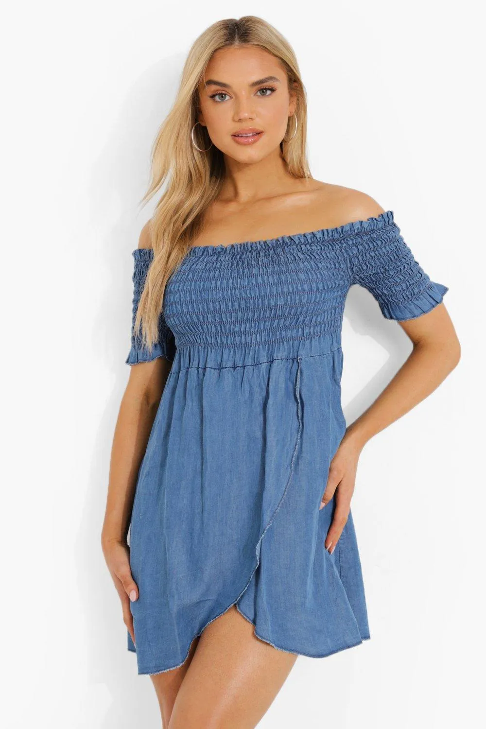 Shirred Wrap Denim Dress