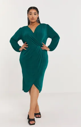 Simply Be Forest Green Slinky Wrap Front Midi Dress