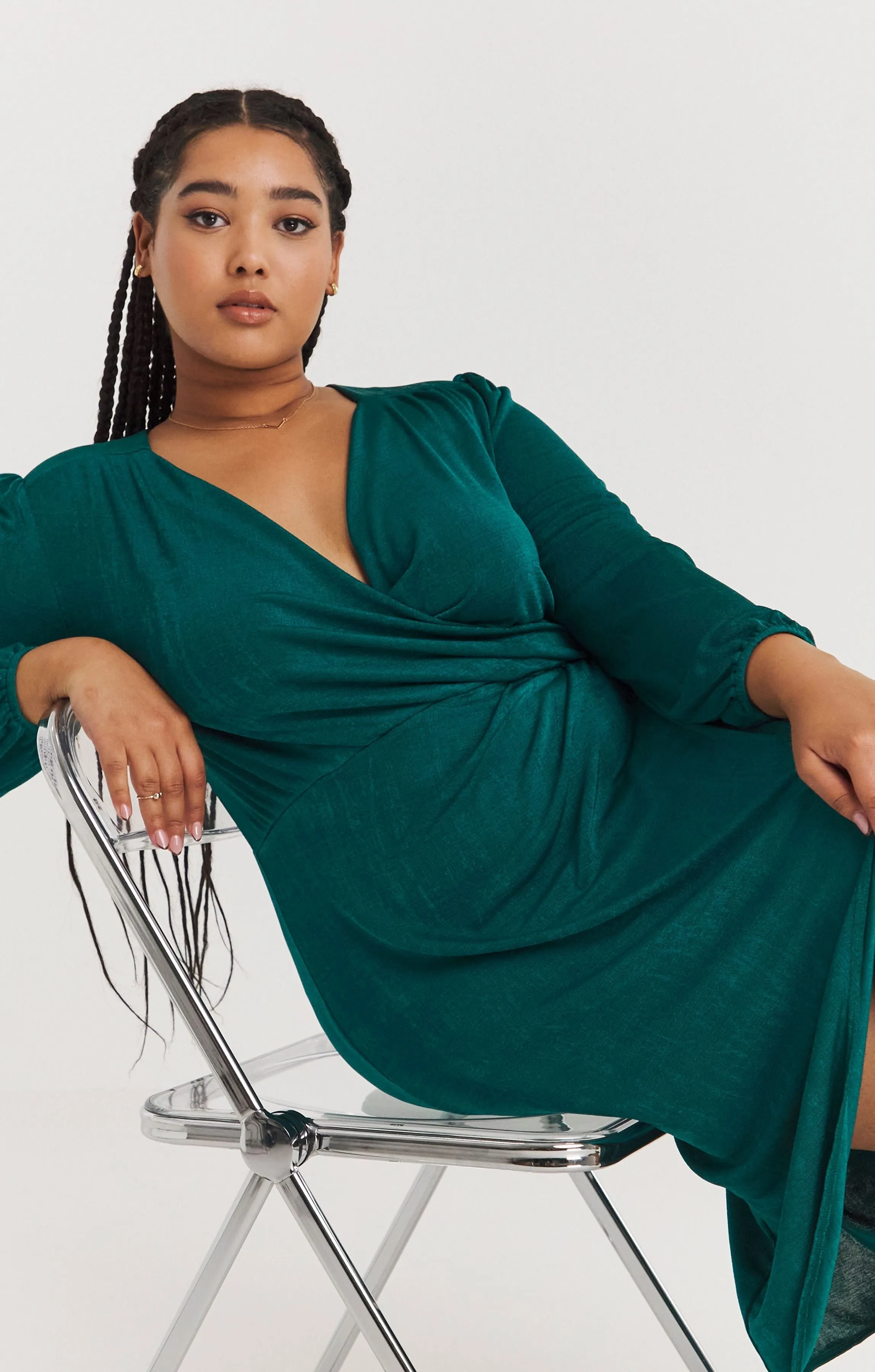 Simply Be Forest Green Slinky Wrap Front Midi Dress