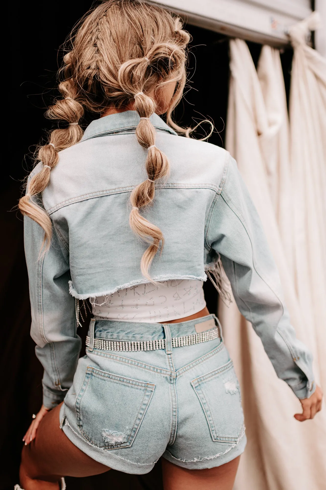 So Far So Good Cropped Rhinestone Fringe Denim Jacket (Light Denim)