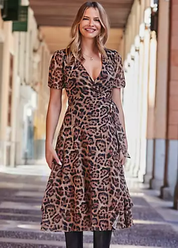 Sosandar Leopard Print Mesh Wrap Jersey Dress | Grattan