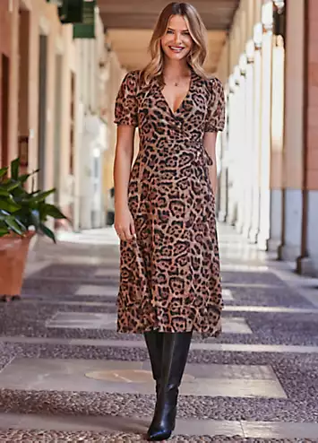 Sosandar Leopard Print Mesh Wrap Jersey Dress | Grattan