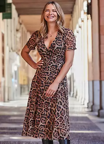 Sosandar Leopard Print Mesh Wrap Jersey Dress | Grattan