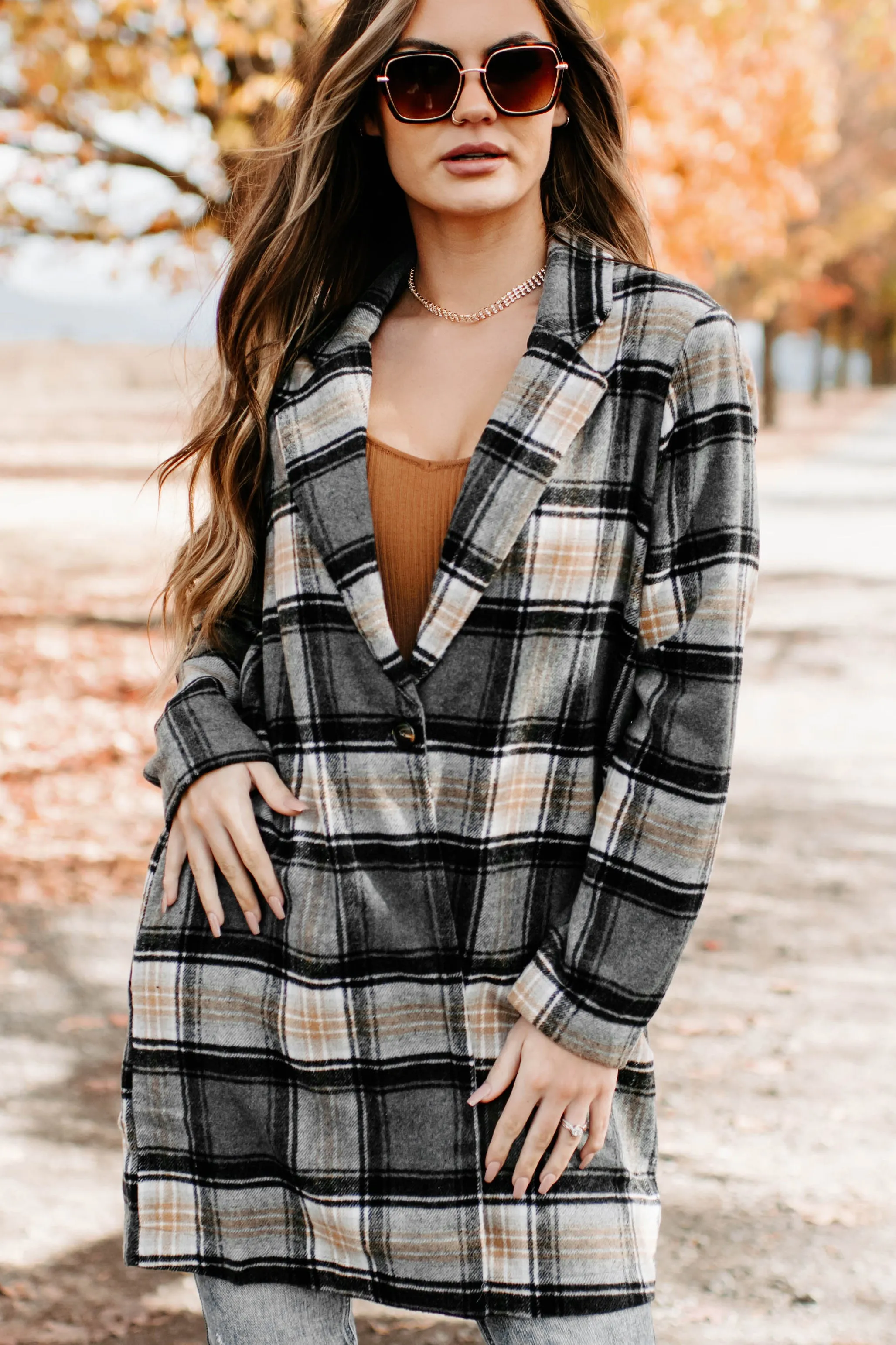 Stroll Through Plaid Single Button Jacket (Charcoal)