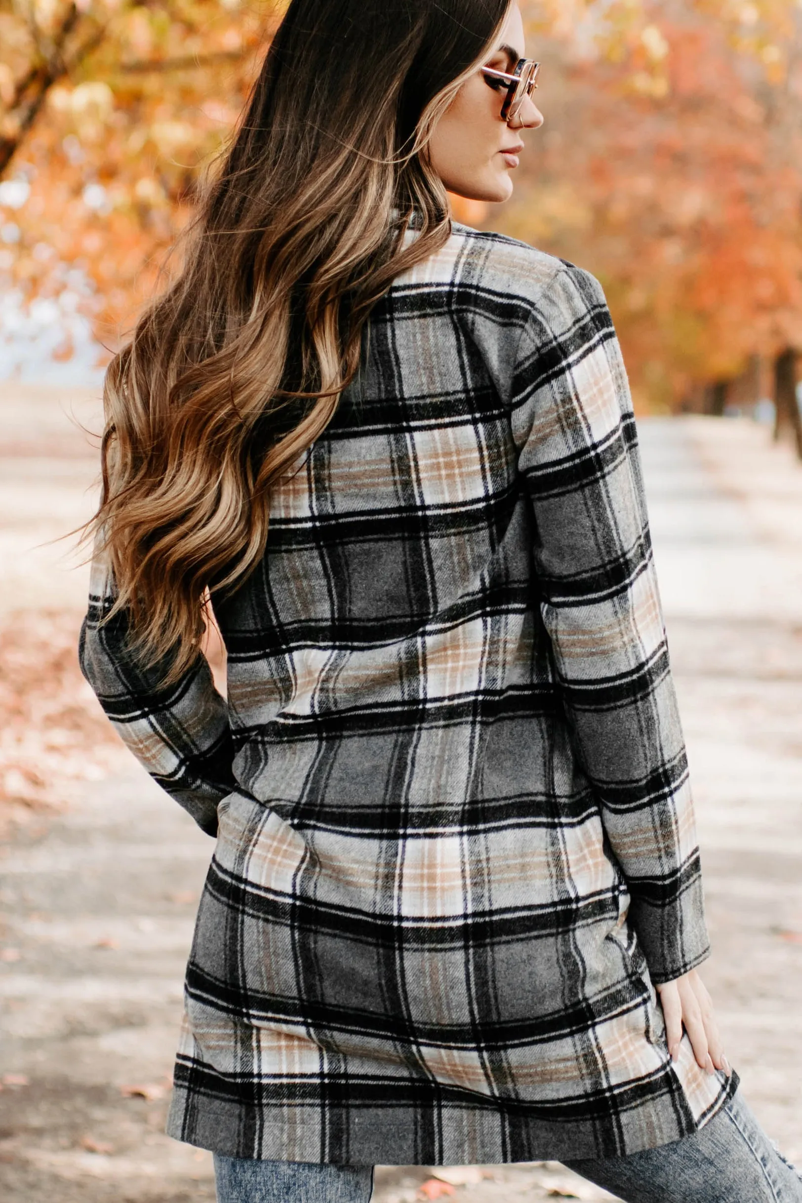 Stroll Through Plaid Single Button Jacket (Charcoal)