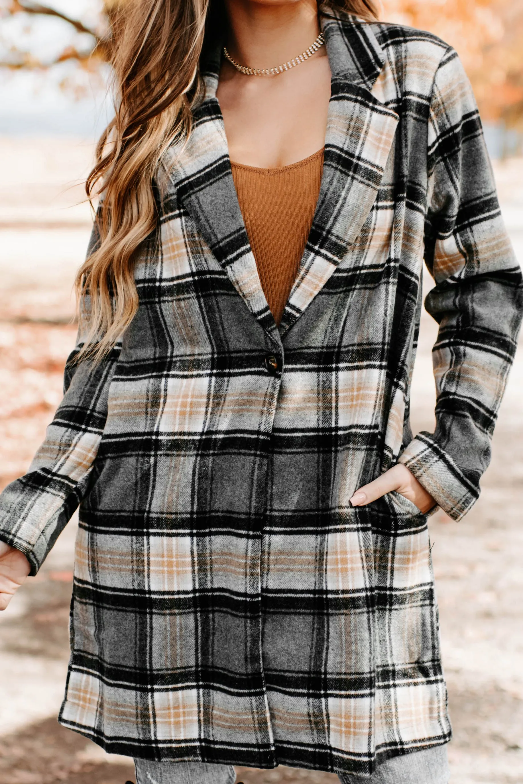 Stroll Through Plaid Single Button Jacket (Charcoal)