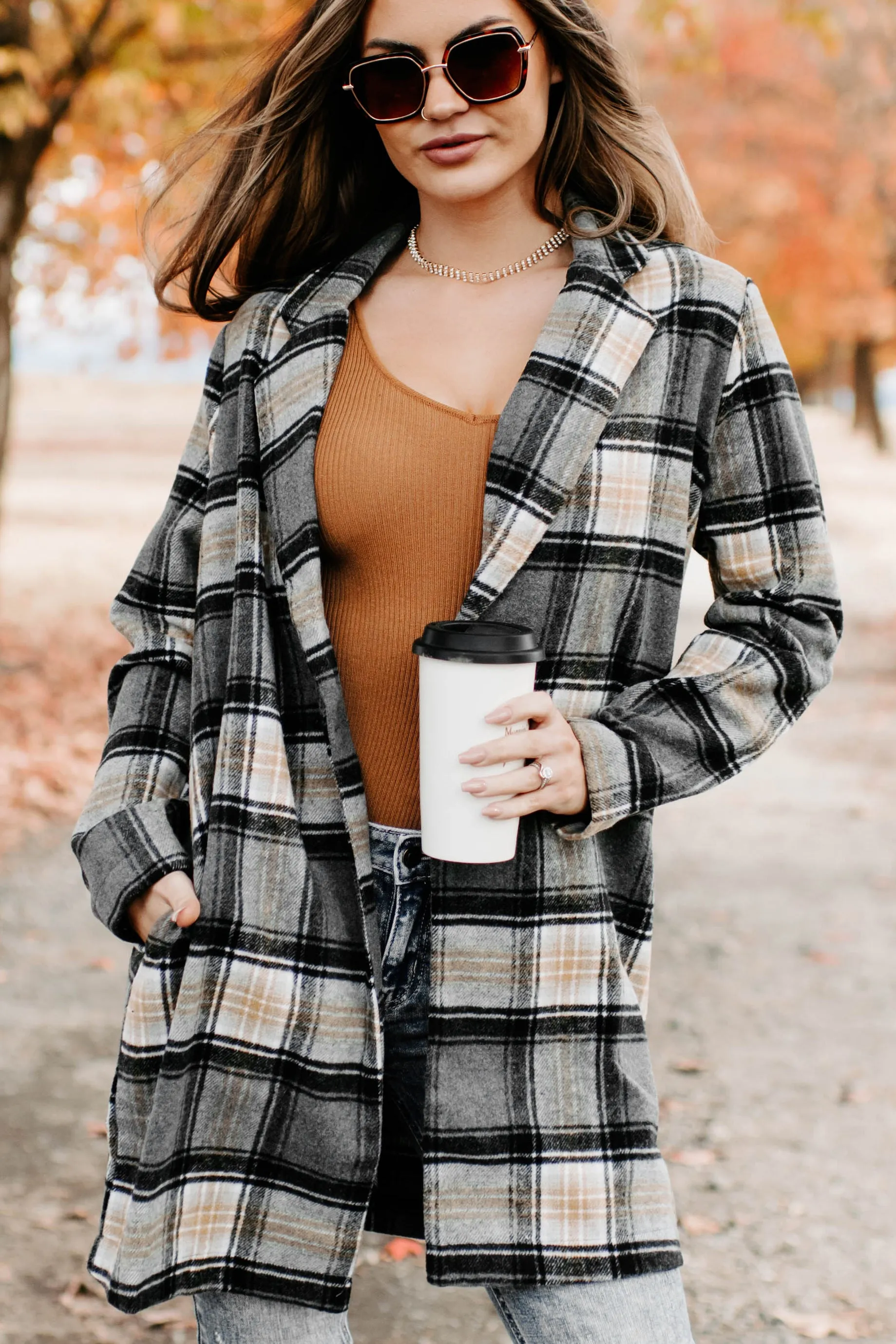 Stroll Through Plaid Single Button Jacket (Charcoal)