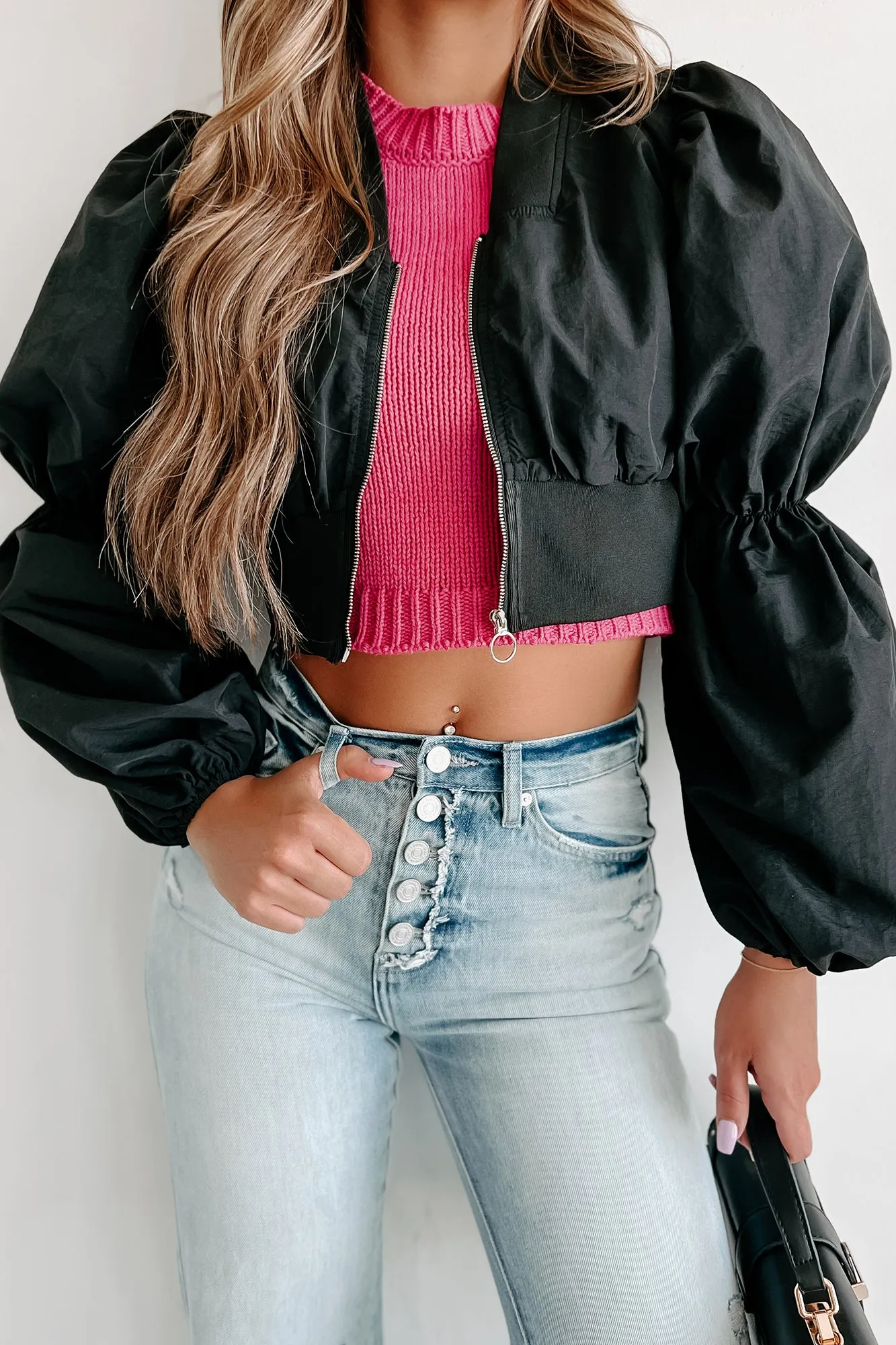 Stylish In Soho Princess Sleeve Crop Jacket (Black)