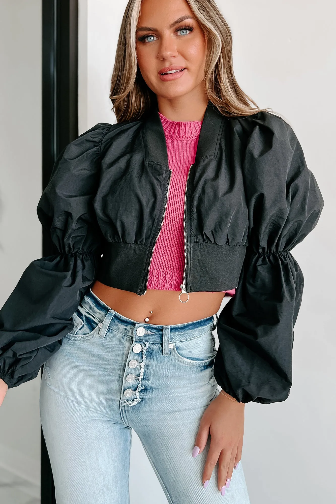 Stylish In Soho Princess Sleeve Crop Jacket (Black)