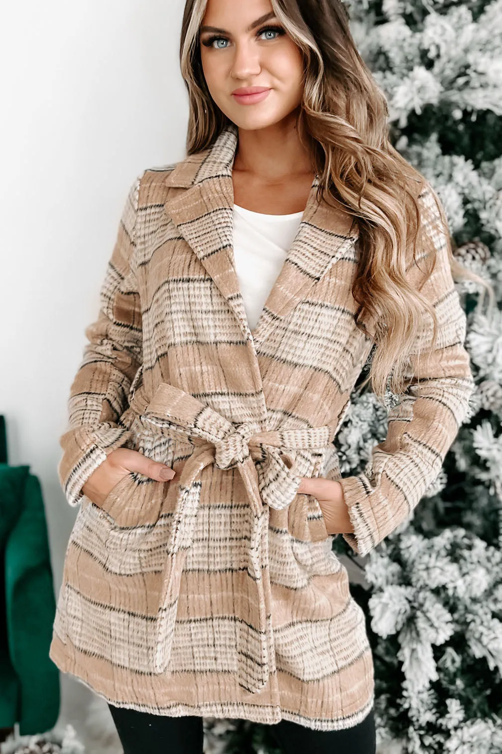 Til Love Plaid Open Front Jacket (Taupe)