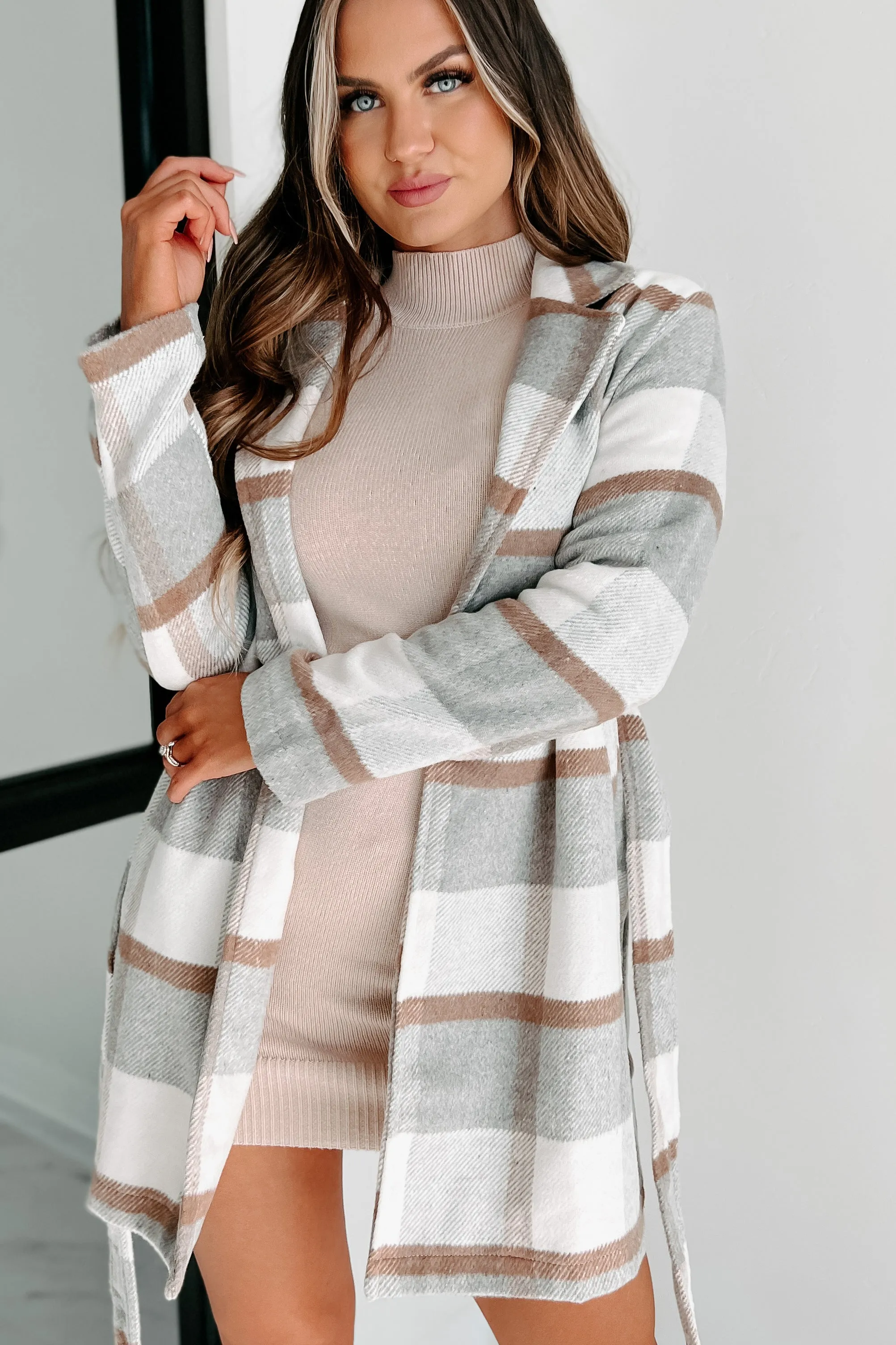 Til Love Plaid Open Front Tie Jacket (Ivory/Grey)