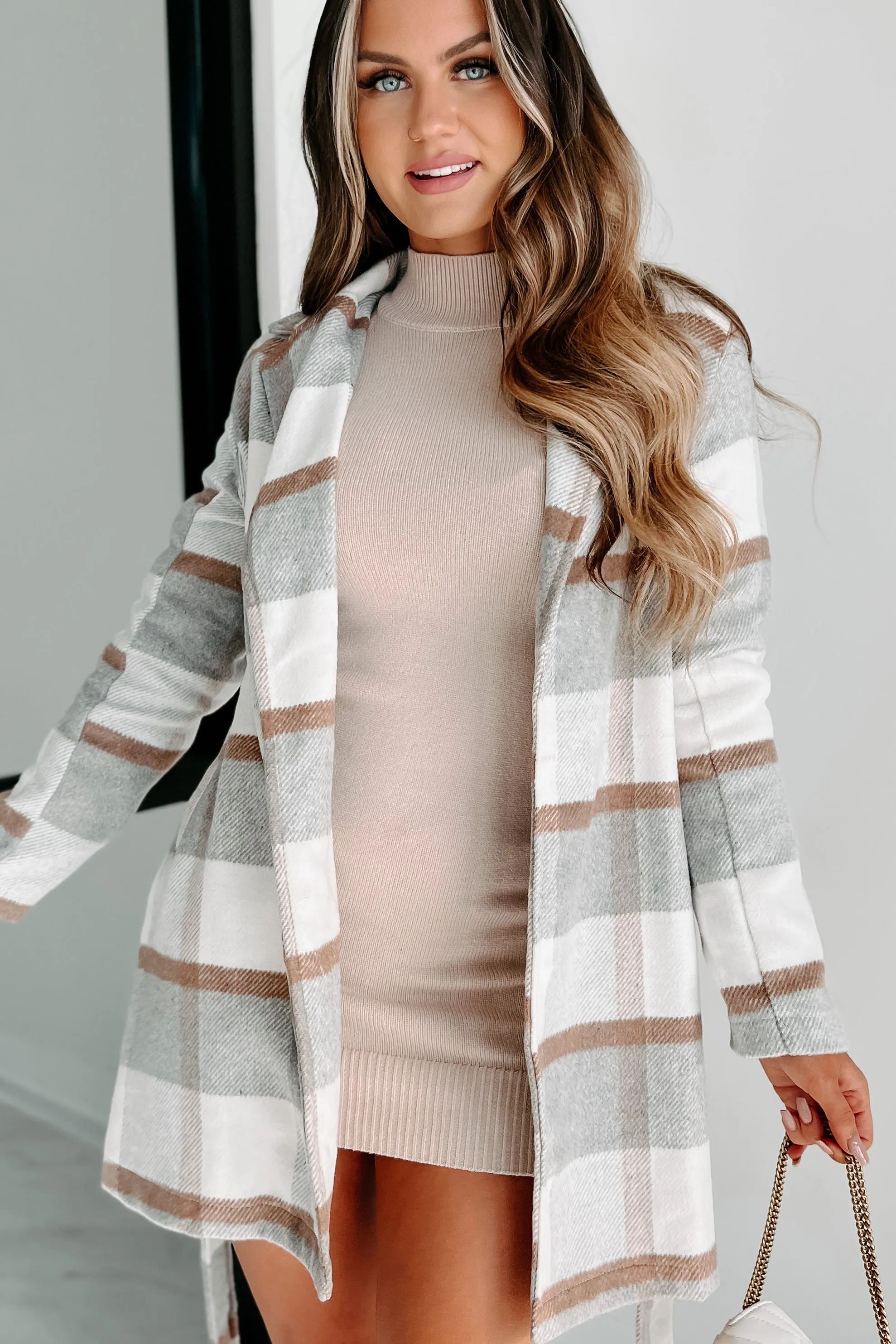 Til Love Plaid Open Front Tie Jacket (Ivory/Grey)