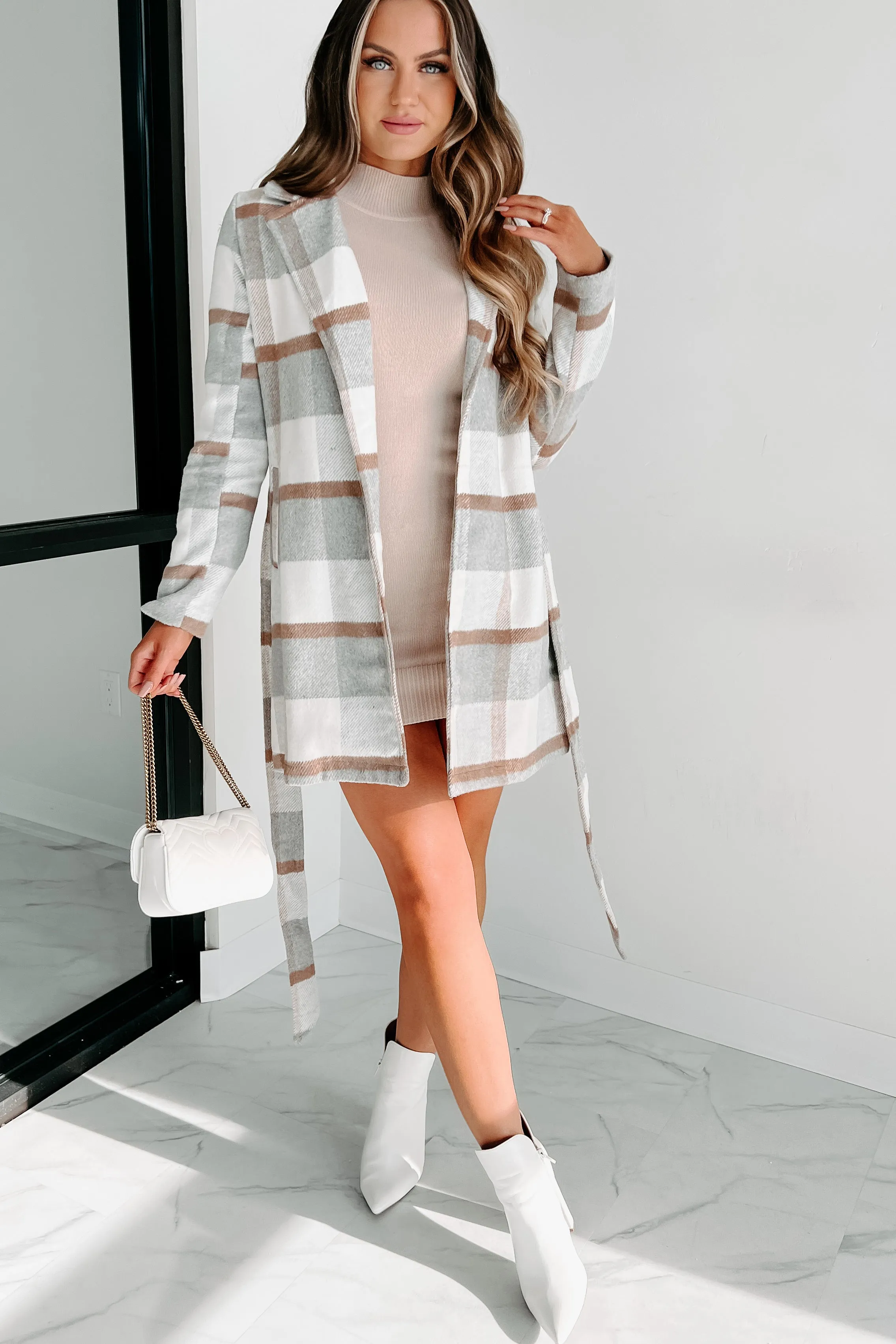 Til Love Plaid Open Front Tie Jacket (Ivory/Grey)