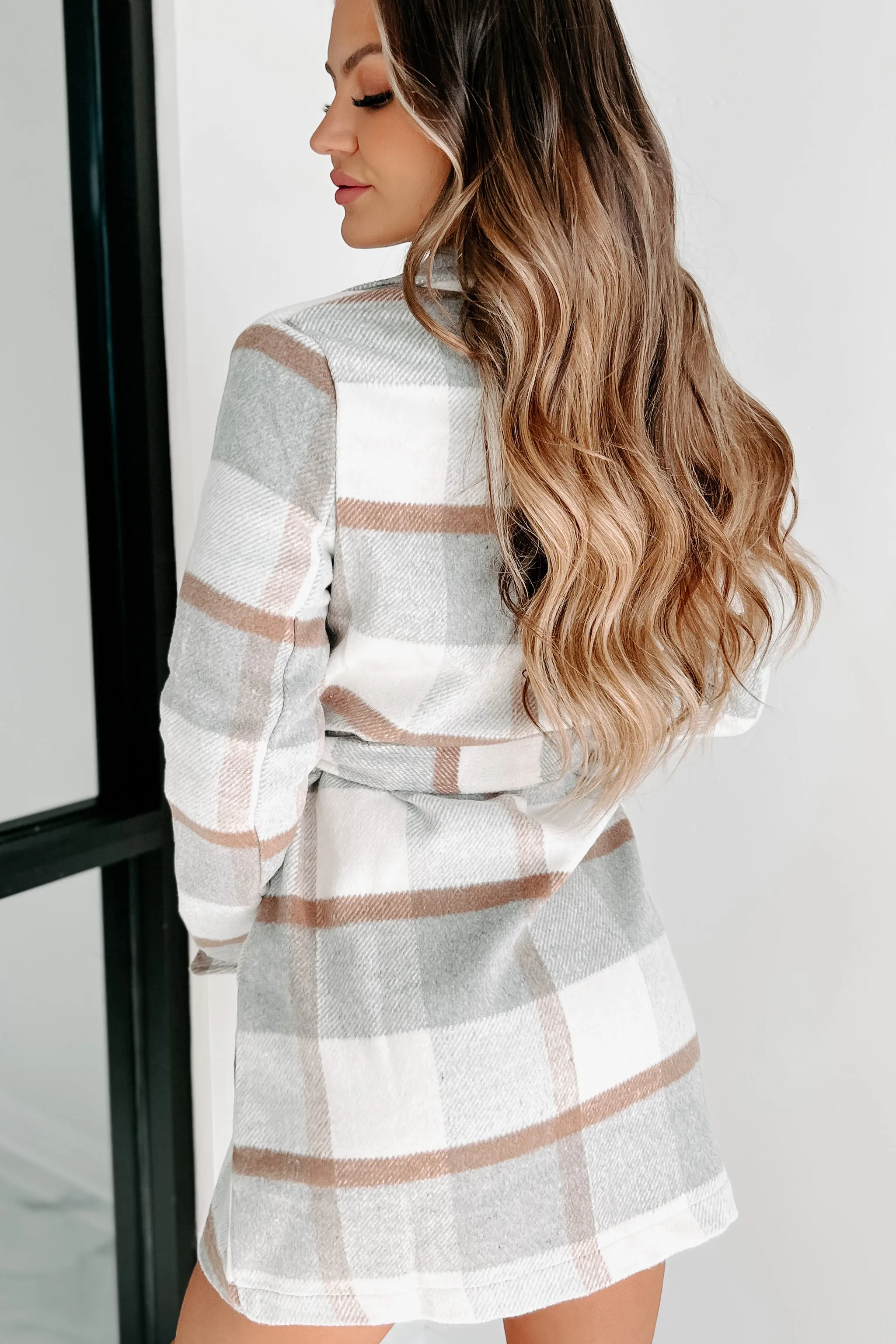 Til Love Plaid Open Front Tie Jacket (Ivory/Grey)