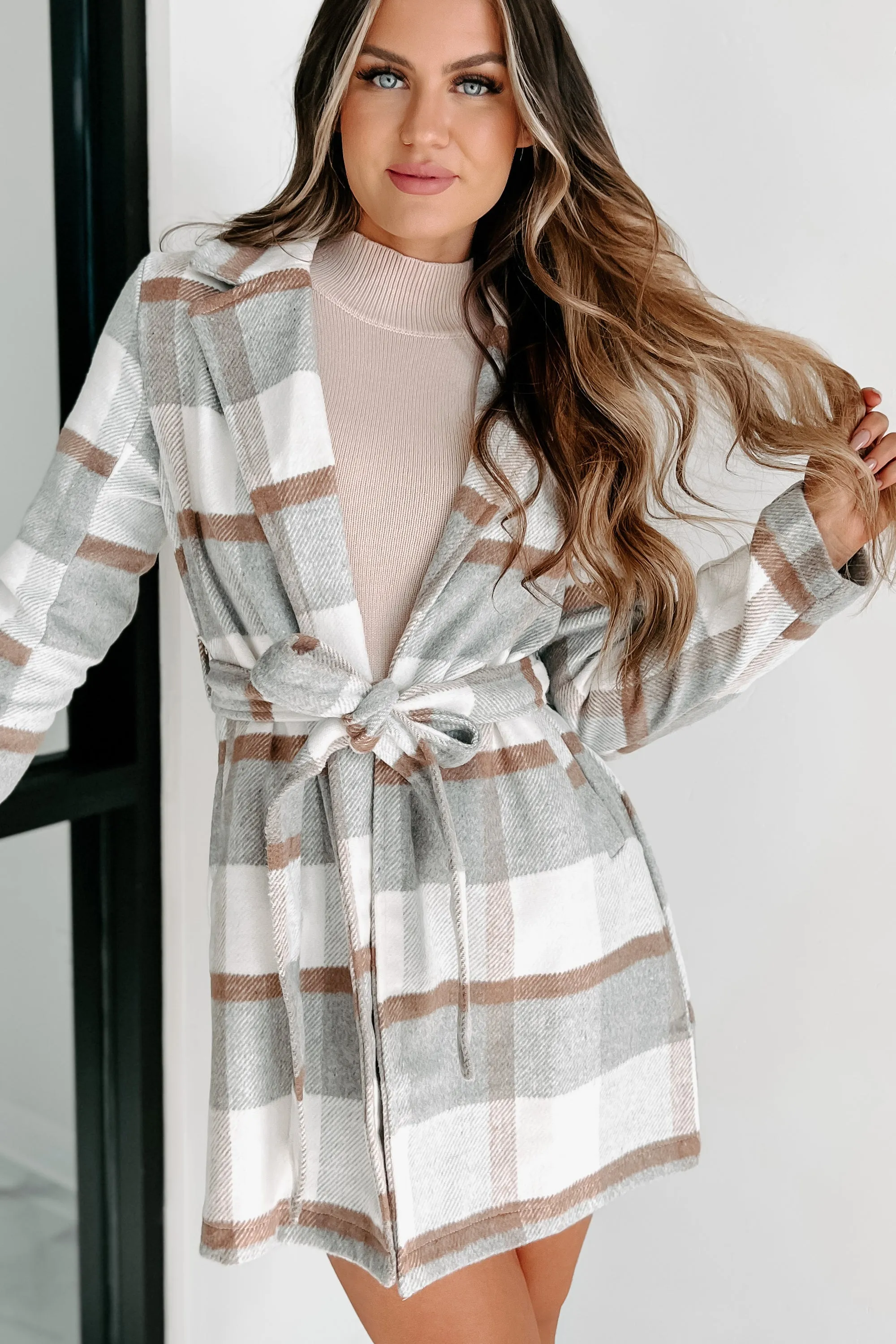 Til Love Plaid Open Front Tie Jacket (Ivory/Grey)