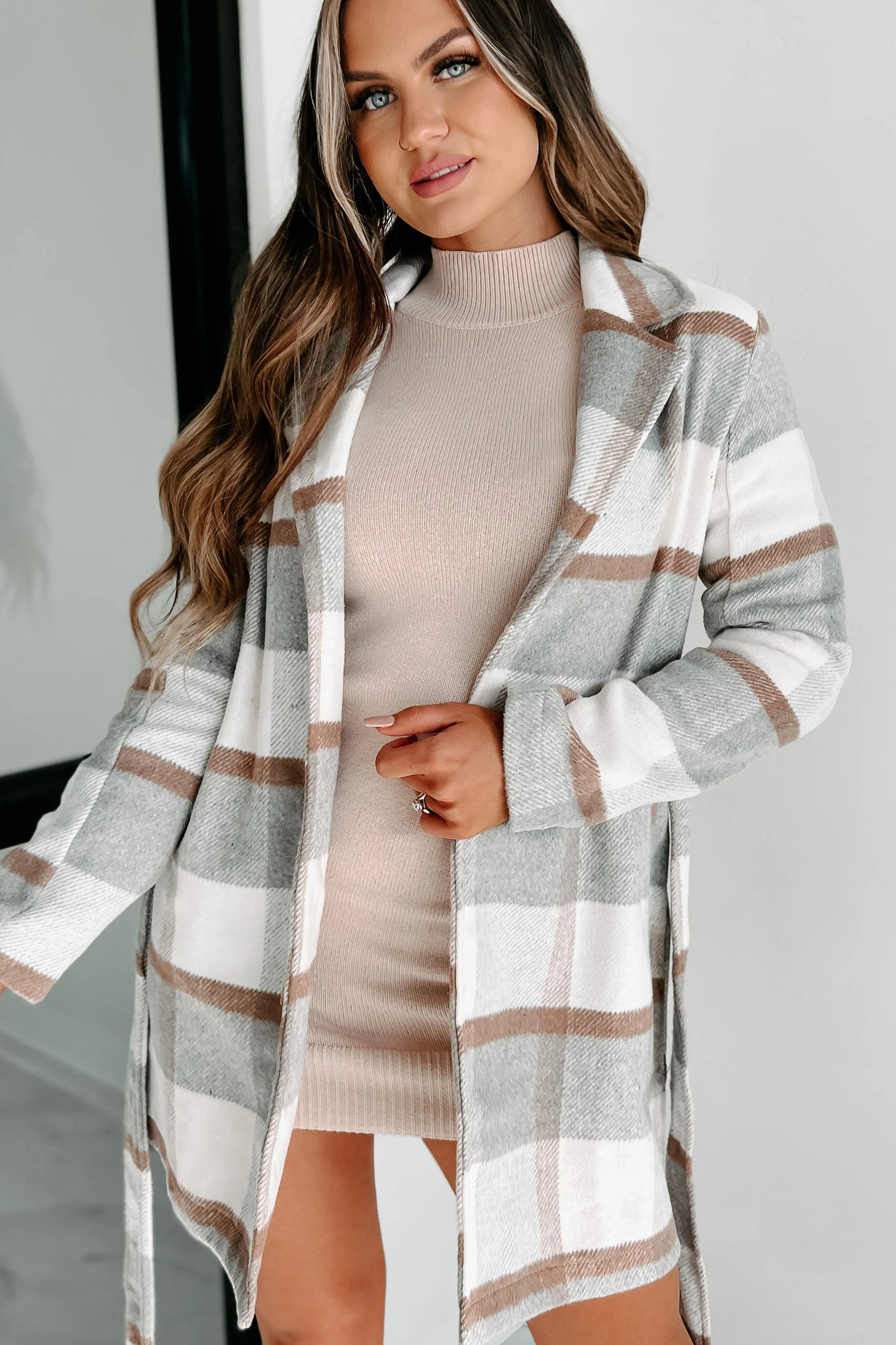 Til Love Plaid Open Front Tie Jacket (Ivory/Grey)