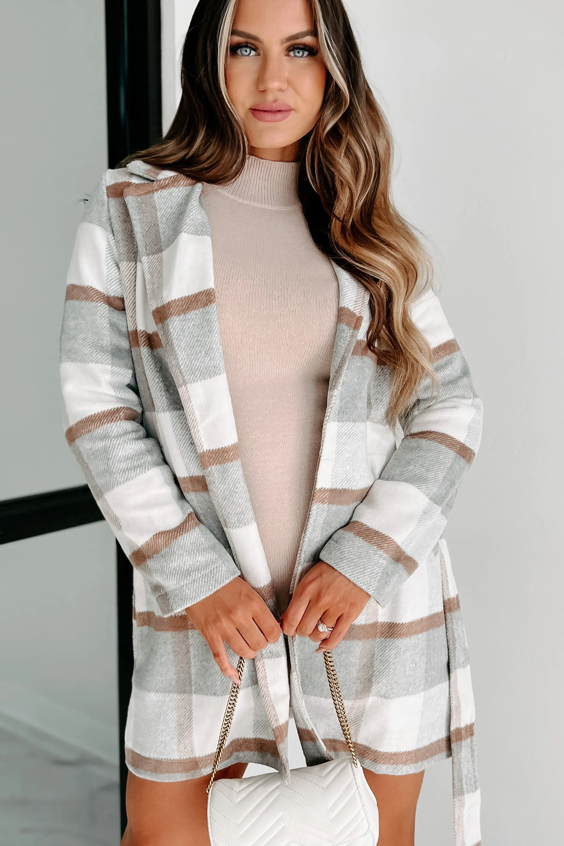 Til Love Plaid Open Front Tie Jacket (Ivory/Grey)