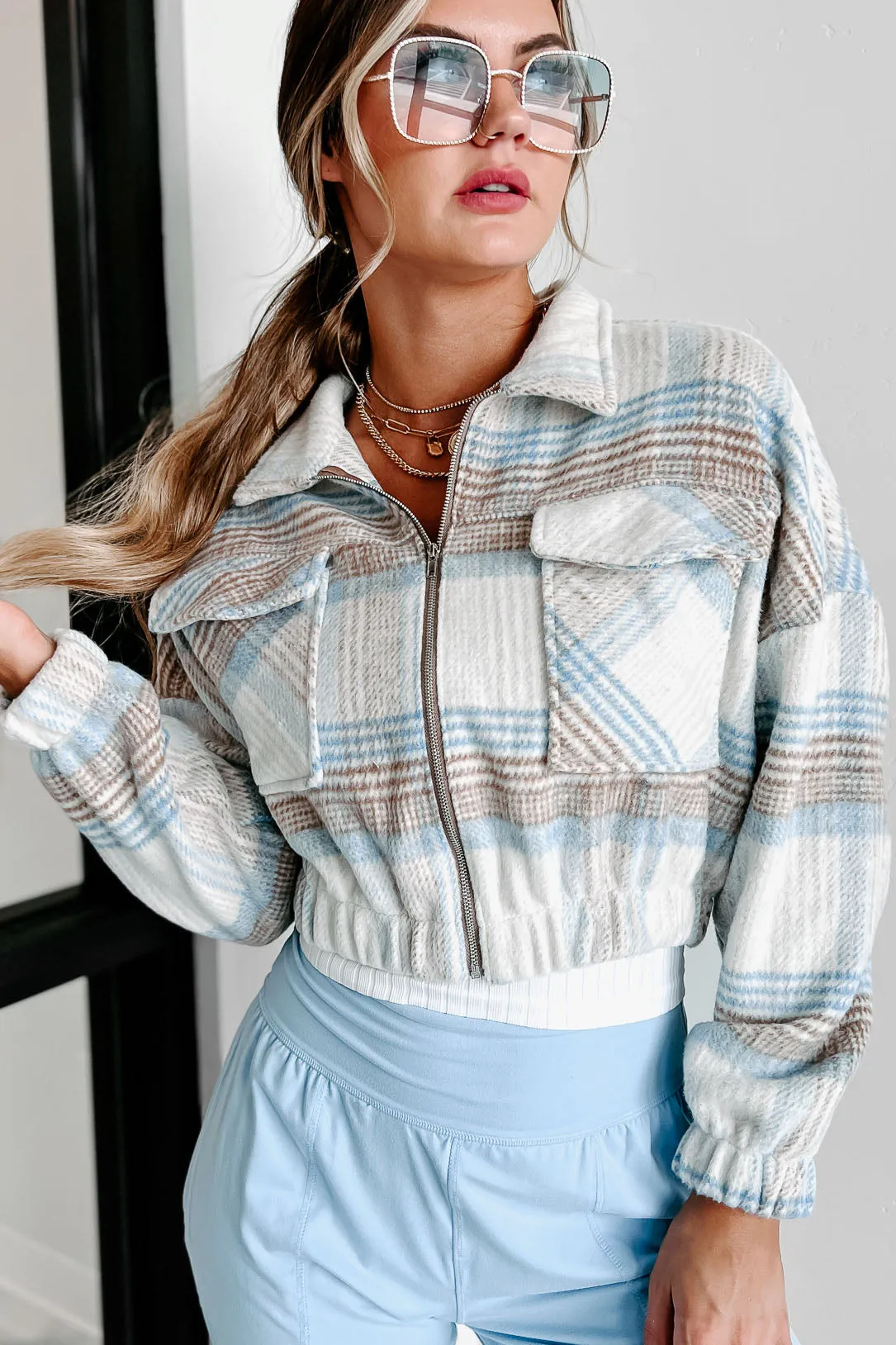 Too Plaid & Glad Cropped Plaid Zip Up Jacket (Taupe/Blue)