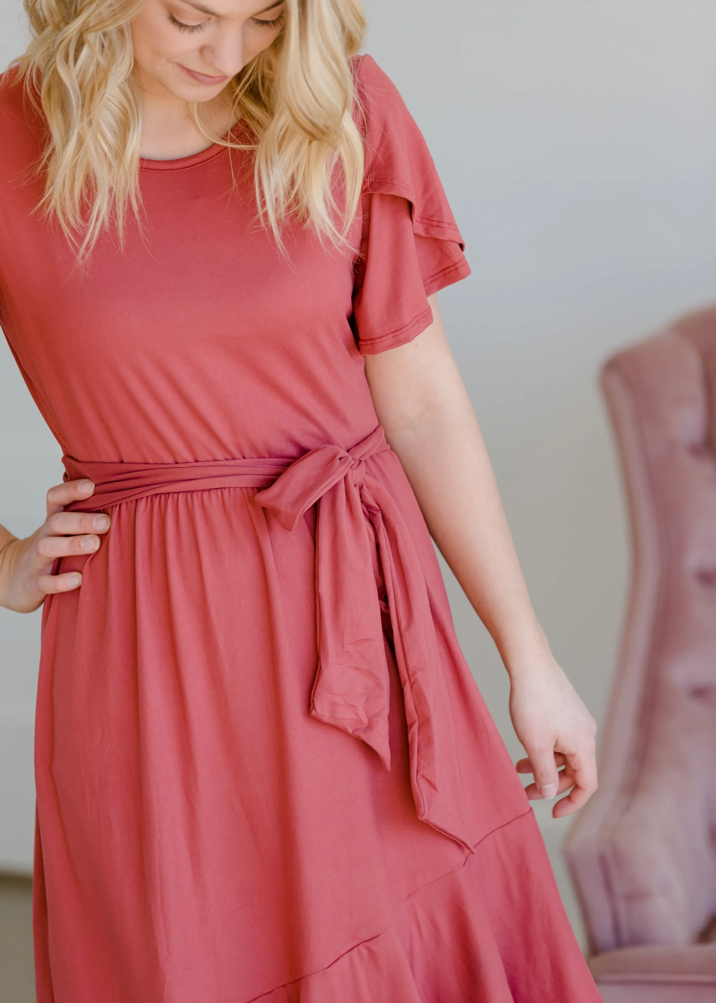 Tulip Sleeve Ruffle Wrap Midi Dress - FINAL SALE