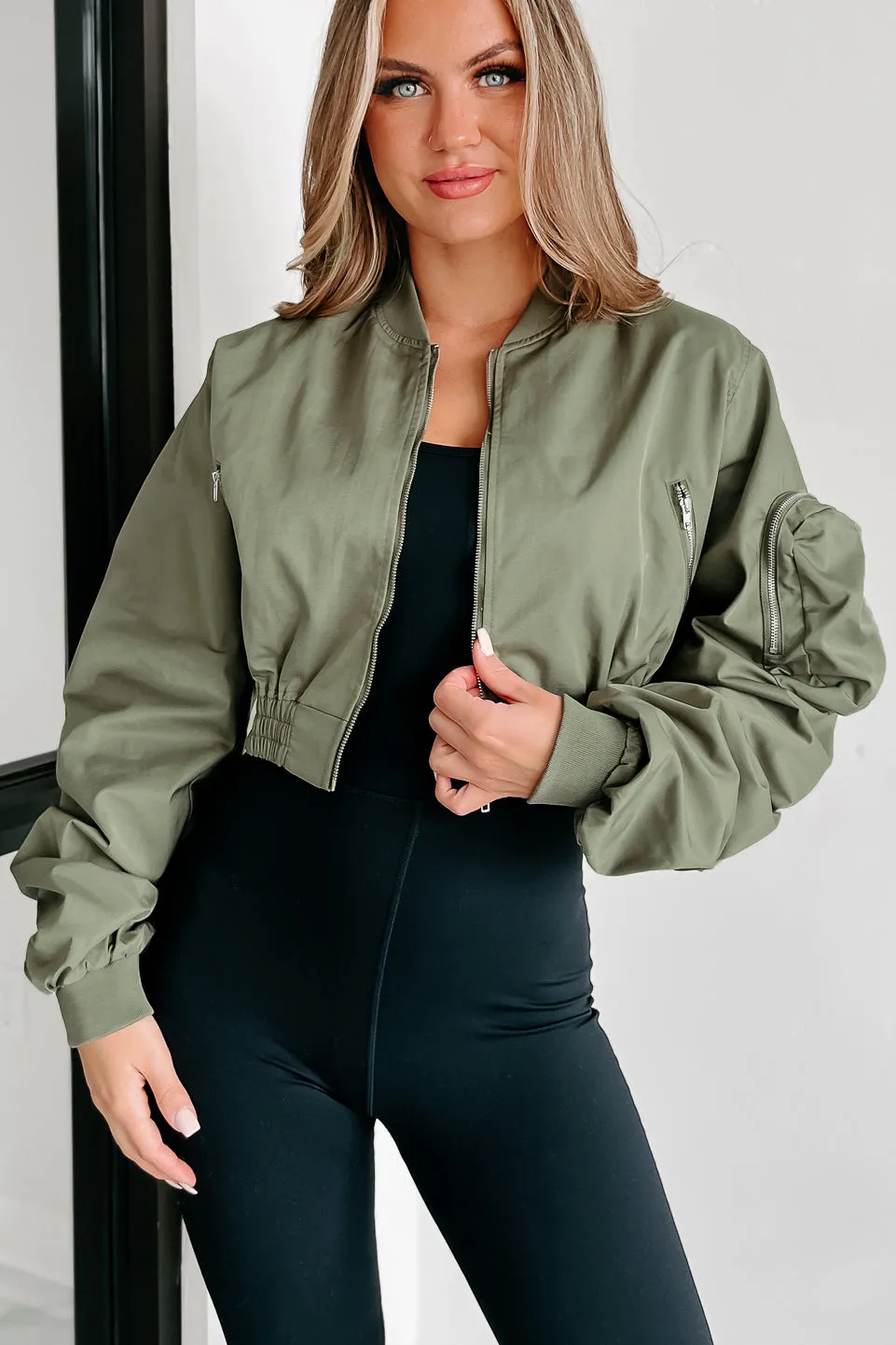 Unchecked Ego Ruched Sleeve Cropped Bomber Jacket (Olive)