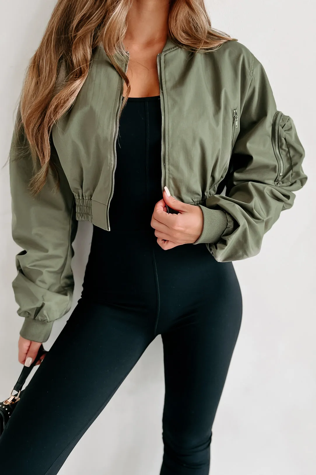 Unchecked Ego Ruched Sleeve Cropped Bomber Jacket (Olive)