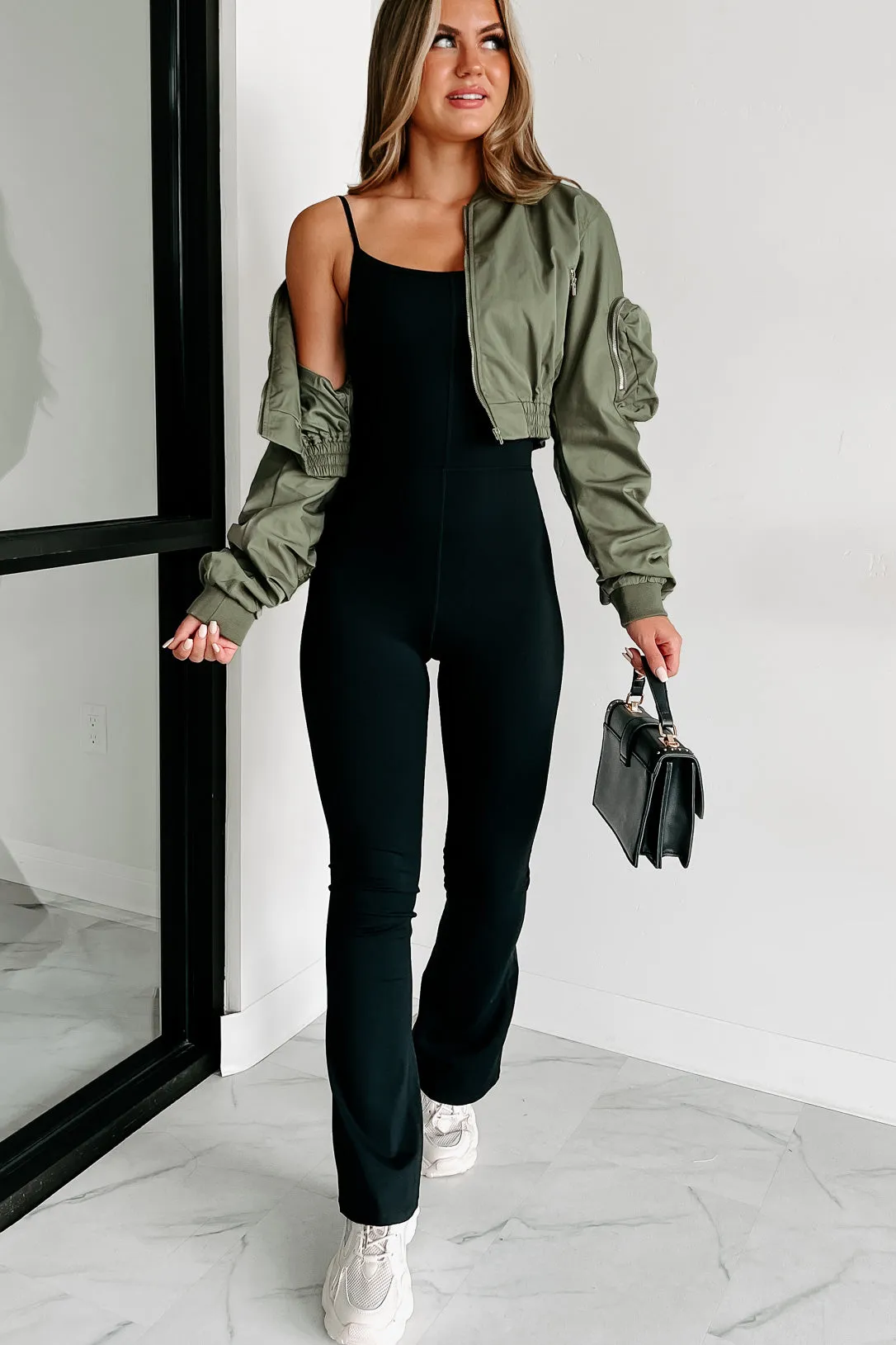 Unchecked Ego Ruched Sleeve Cropped Bomber Jacket (Olive)