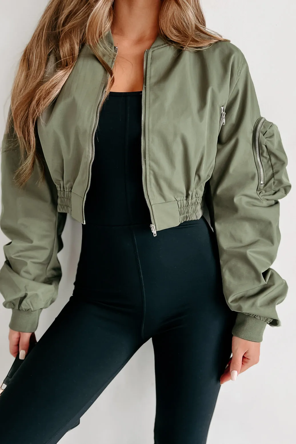 Unchecked Ego Ruched Sleeve Cropped Bomber Jacket (Olive)