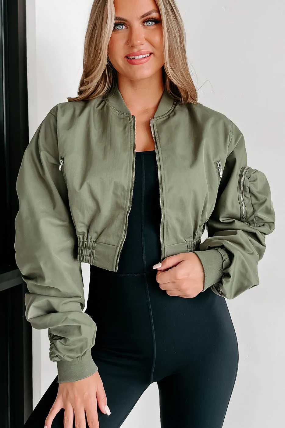 Unchecked Ego Ruched Sleeve Cropped Bomber Jacket (Olive)