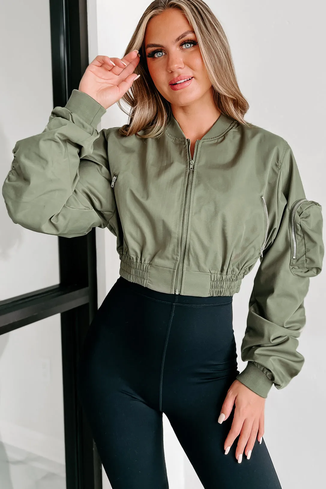 Unchecked Ego Ruched Sleeve Cropped Bomber Jacket (Olive)