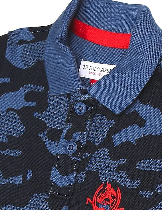 U.S. Polo Assn. Kids Boys Blue Pique Printed Polo Shirt