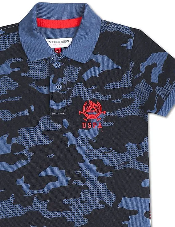 U.S. Polo Assn. Kids Boys Blue Pique Printed Polo Shirt