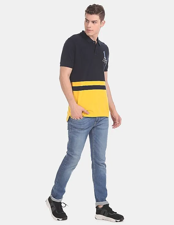 U.S. Polo Assn. Navy And Yellow Colour Block Pique Polo Shirt