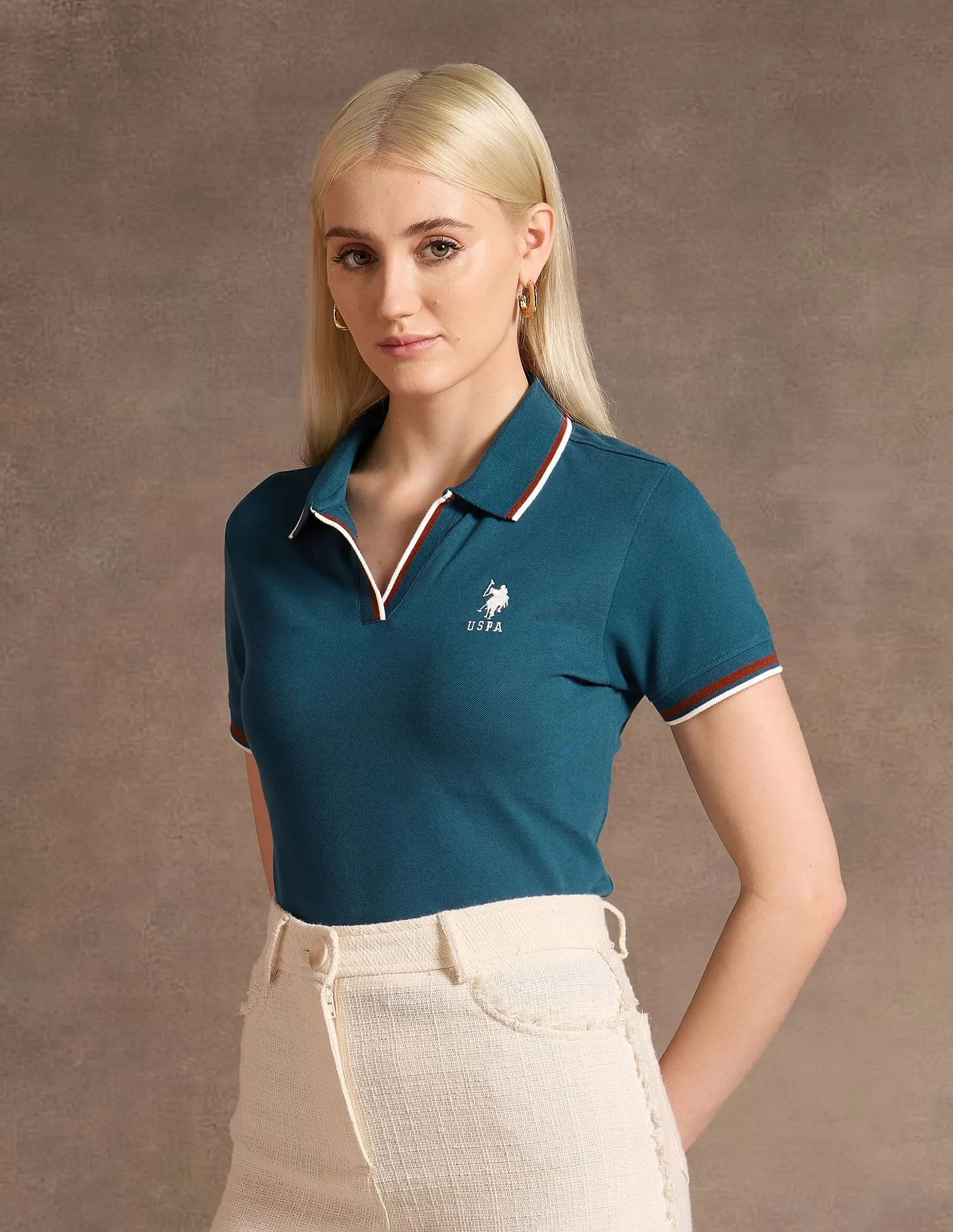 U.S. Polo Assn. Women Tipped Collar Solid Polo Shirt