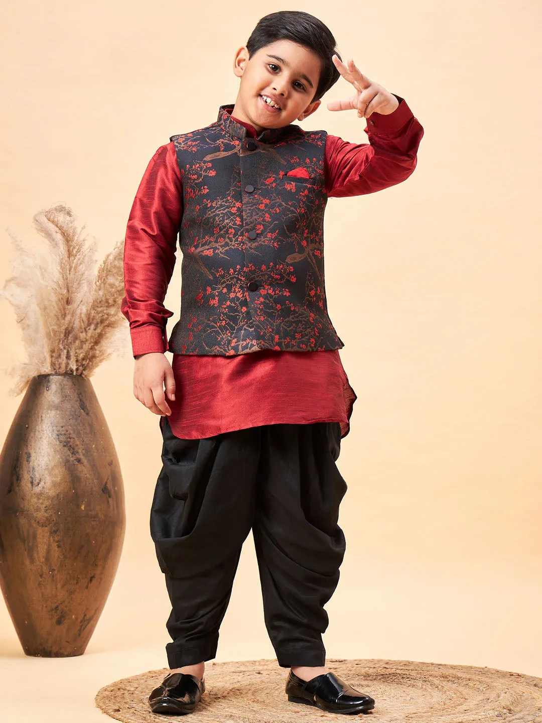 Vastramay Boys Maroon Jacquard Jacket With Maroon kurta and Dhoti Set